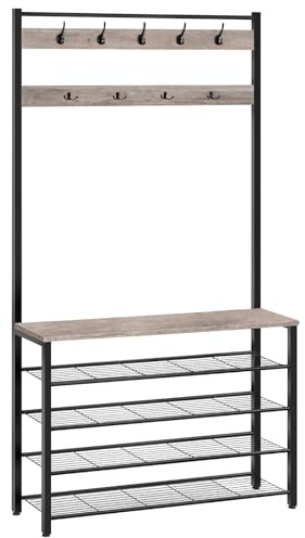 HOOBRO Hall Tree, Coat Rack with Shoe Rack, 39.4 Hall Tree with Bench, 5 Tier Shoe Storage Organizer with 9 Hooks for Entryway, Closet, Sturdy, Industrial, Greige and Black BG801MT01