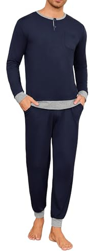 Leversic Pijamas Hombre Invierno Camisa Henley de Manga Larga Ropa de Dormir Sencilla en Color Liso Top y Pantalones Largos de Lounge con Bolsillos(Azul Oscuro+Gris,XL)
