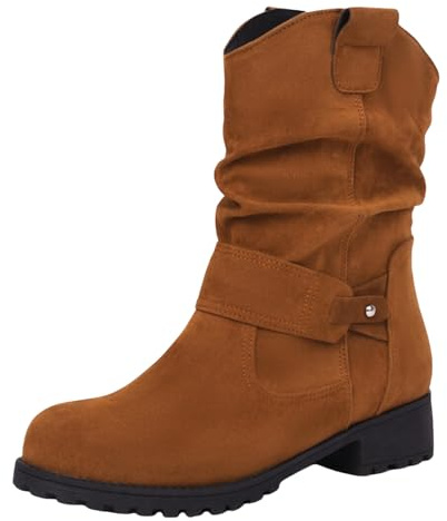 VBEDKDEB Botines Mujer Botas de tobillo Botines Sólidos Mujer Botas Western Botines Medianos Botas apiladas Color Sólido Escarchado Plisado Botines Grandes Zapatos Dirndl, marrón, 40.5 EU