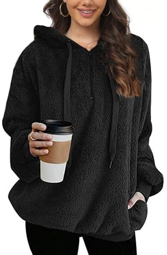 Vossmi Femme Sweat à Capuche Polaire Sweatshirt Peluche Casual Manches Longues Sweat Hoodies Pull avec Poche d'hiver Noir M