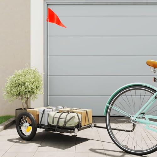 Runheo Remorque de vélo Noire 122x53x28 cm en Fer Enduit de Poudre pour Transport Cargo Bagages Animaux Enfants Pliable avec attelage et Drapeau de sécurité