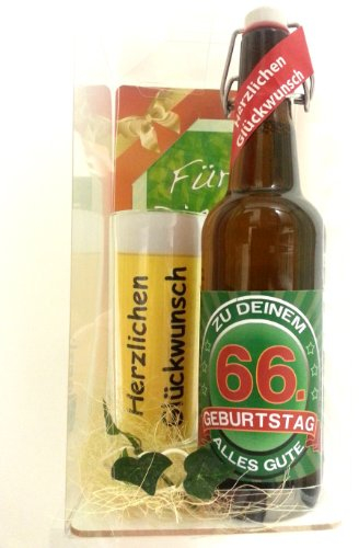 SünGross Geschenk Set, Bierset Bier Geschenk zum 66. Geburtstag das bei Frau und Mann Immer gut ankommt, Bierflasche mit Etikett, Glas Bierkrug und Geschenk Postkarte