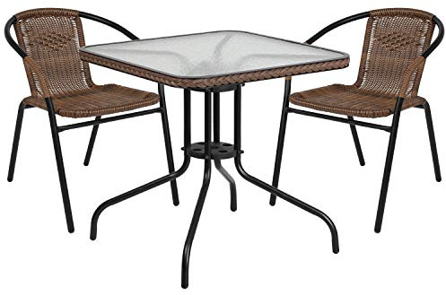 Flash Furniture Lila 3-Piece 28 Square Indoor/Outdoor Patio Table and Chairs Set, Glass Metal Bistro Table and 2 Stacking Rattan Chairs, Brown