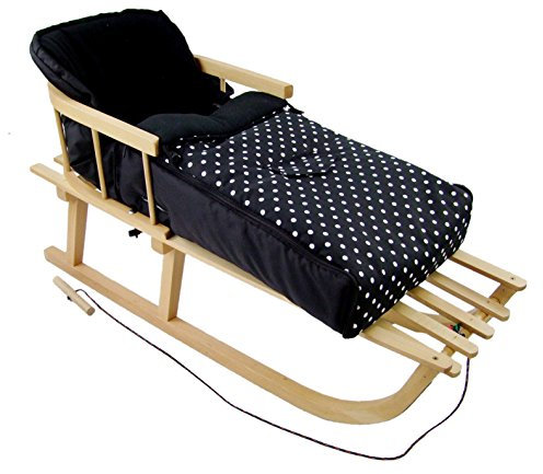 RAWSTYLE *KOMBI-PAKET* Holz-Schlitten mit Rückenlehne & Zugseil + universaler Winterfußsack (90cm) FLEECE, auch geeignet für Babyschale, Kinderwagen, Buggy (Schwarz + Punkte Weiß)