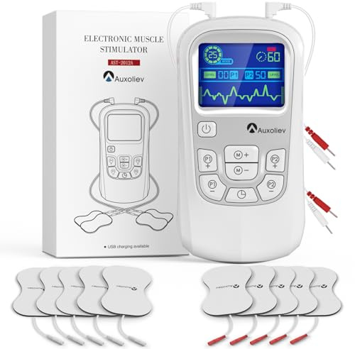 AUXOLIEV Electroestimulador Muscular Premium, 25 Modos de Masaje + 50 Niveles de Intensidad, TENS/EMS de Masaje Terapia Maquina para Aliviar el Dolor con 12pcs Almohadillas de Electrodos (Plateado)