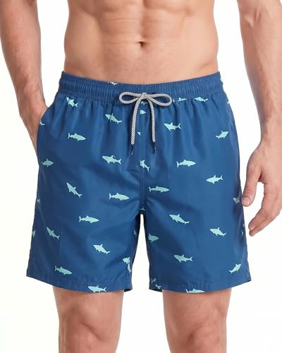 MaaMgic Homme Short de Bains Maillot de Bain avec Filet Style Tropical Voyage Pants Court de Sport Séchage Vite Bien pour Vacance a la Plage, Bleu Requin Vert, Small(tour de taille:79~84cm)