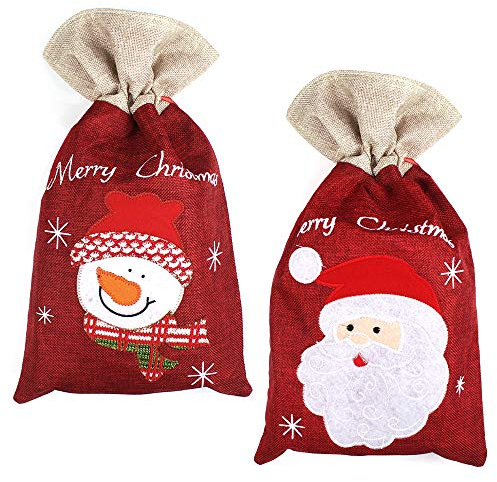 Yangfei 2pcs Bolsas para Regalo Saco de Navidad, 40*24cm Bolsa de Navidad de Lona, Saco de Navidad con Cordón Bolsa con Muñeco de Nieve y Saco de Papá Noel Decoración Navideña