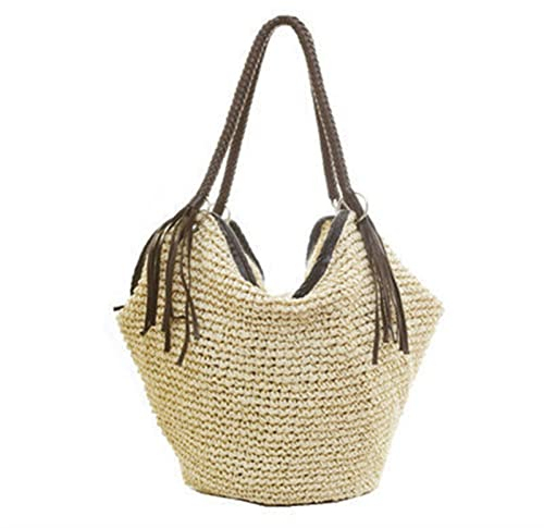 FJZFXKZL Strandtasche Stroh, Quaste Stroh Damen Umhängetasche Lässig Große Kapazität Rattan Handtasche Damen Wicker Weave Beach Handtasche Damen Tasche (Color : Beige)