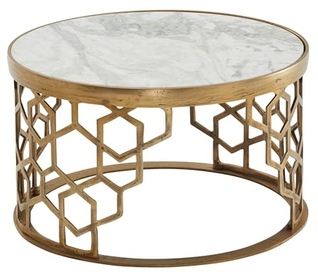Wohnling Couchtisch Echter Marmor Weiß 60x60x36 cm Sofatisch Metall Gold, Design Wohnzimmertisch Rund, Kleiner Kaffeetisch Modern, Beistelltisch Anstelltisch Wohnzimmer