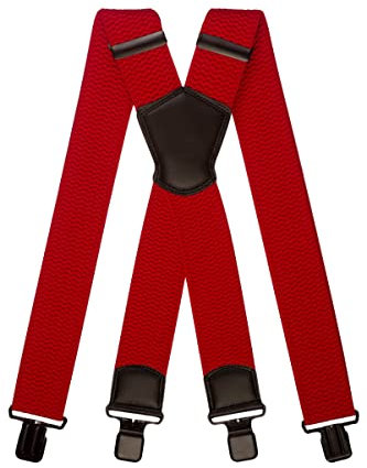 Olata Extra Breite Herren Hosenträger X-Form Metall Clip mit Schwarz Leder – 5 cm. Rot (Schwarz Clips)