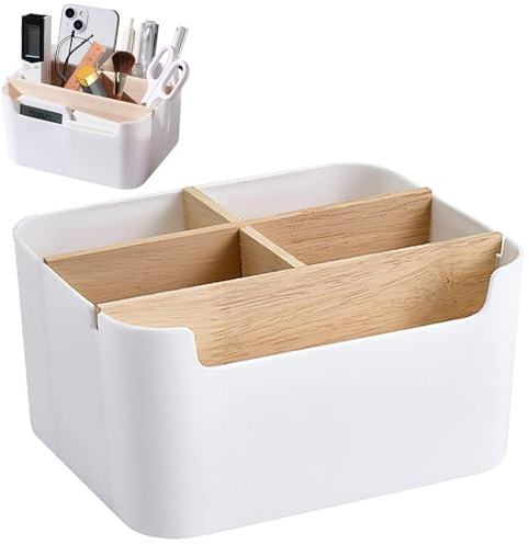 Booaee Holz Desktop Stift Holz Desktop Organizer Bambus Schreibtisch Organizer Aufbewahrungsbox mit abnehmbaren Fächern Multifunktionale Aufbewahrungsbox Schreibtischzubehör Weiß