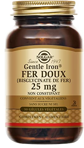 Solgar Fer doux Gentle Iron 25mg - Vitalité - Fer hautement assimilable et tolérance optimale - Non-constipant - Complément Alimentaire - Flacon de 90 gélules végétales