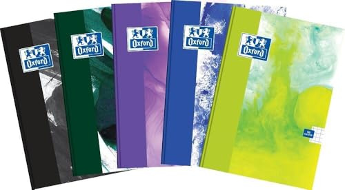 Oxford skolhäfte A5 Anteckningsbok 96 rutiga blad med sidokant, optiskt papper 90 g, fast laminerat kuvert, anteckningsblock set för kontor och skola, 5-pack, färgblandning