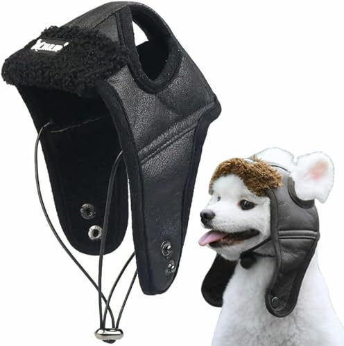 ITODA Chapeau d'aviateur pour Chien avec Cache-Oreilles Casquettes Coupe-Vent Bonnet d'hiver en Cuir PU Chaud Réglable Accessoires pour Animaux Domestiques Chapeau pour Chiots Chat en l'Extérieur