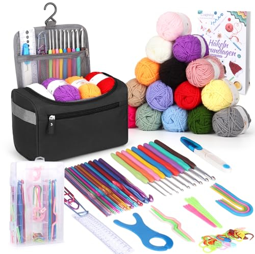 Coopay Tragbar Häkelset für Anfänger, Häkelnadel Set mit 15 Wolle, Tasche, Häkelzubehör, Ergonomische Häkelnadeln mit Weicher Griff und Metall Häkelnadel, 2,0-10 mm Praktische Häkelnadeln, Schwarz