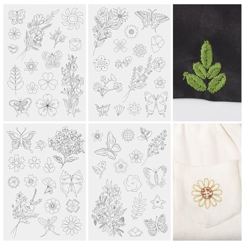 Magibeads 60Pcs Flower Butterfly Water Soluble Stabilizer for Embroidery Floral Patterns Adhesive Stick and Stitch Embroidery Transfer Paper for Hand Sewing Beginners
