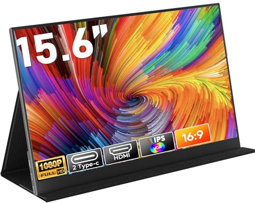 HONGO Portable Monitor 15,6 Zoll 1080P FHD Tragbarer Monitor IPS Mobiler Monitore mit Zwei Lautsprecher, Eye Care Erweiterung Bildschirm für Laptop/PC/Mac/PS5/4/X-bo, USB C Type C mit Schutzhülle