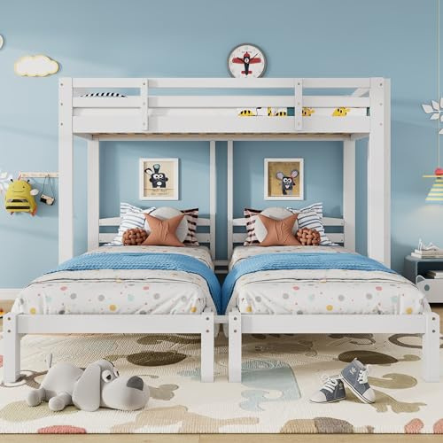 BTM Triple Bunk Bed, Triple Single Beds, 3FT Bunk Bed, 3 Sleeper Wooden Kids Bed (White, 3FT Single*3)