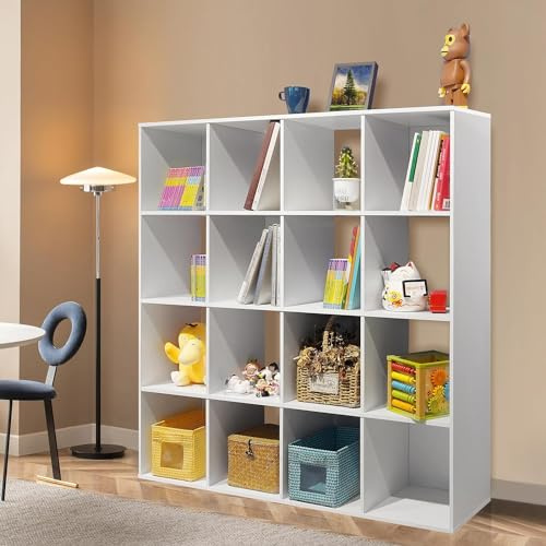 PACHIRA 16 Cube Wood Bookcase White, 4 * 4 Stackable Cube Storage Unit Freestanding Bookshelf Storage Shelf For Books CDs Clothes Storage Cube Unit For Living Room Bedroom Hallway Office