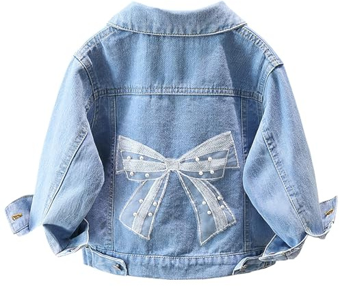 L SERVER Enfant Veste en Jean Fille Brodée Blouson en Jean Décontractée Extérieur Manteau en Jean pour Printemps et Automne, Bleu Denim B, 8-9 ans