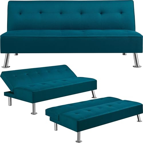 Yaheetech Divano Letto Reclinabile con Seduta Imbottita Convertibile in Letto 105° - 180° Mobile Regolabile da Soggiorno Salotto Stanza Ospiti Arredamento per Riposo Blu Acqua/Tessuto