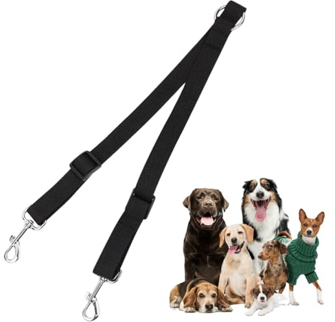 Adjustable Double Lead for 2 Dogs, 360° Rotation Dog Leash Coupler - No Tangle (Black)