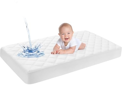 Yoofoss Travel Cot Mattress Protector Waterproof 65 x 95 cm Fitted Breathable & Comfortable Quilted Toddler Mattress Protector White