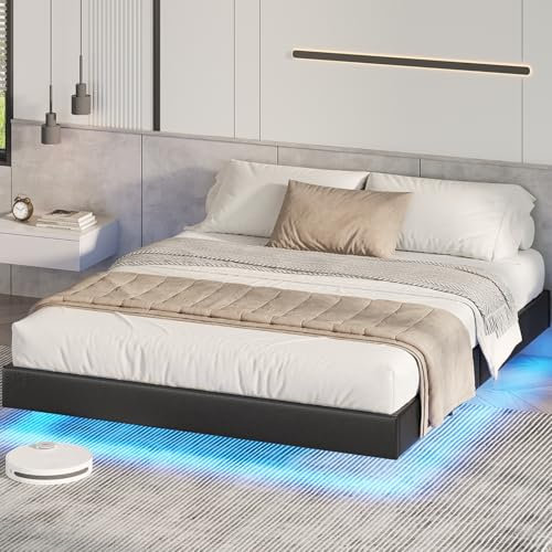 DICTAC Bett 160x200 mit LED Beleuchtung, Polsterbett Doppelbett 160x200 mit lattenrost, Schwarz PU Floating Bed Frame, Gepolstertes Jugendbett für Schlafzimmer, Gästezimmer, Leichte Montage, Stabil