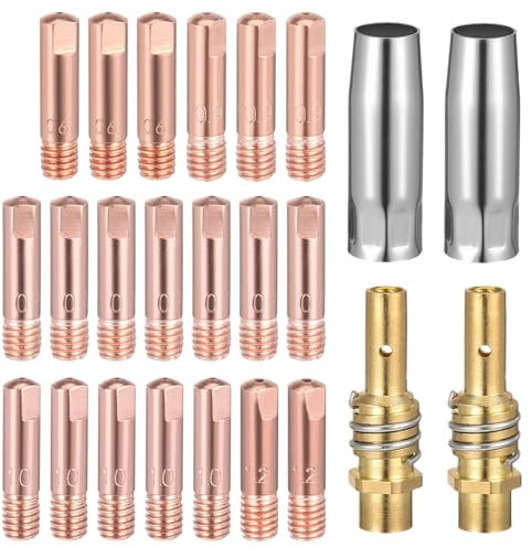 24 Stück MIG/MAG Schweißzubehör Set,Verschleißteile Set mit 20x Stromdüse M6 0,6 0,8 0,9 1,0 1,2 mm,5 x Schweißdüsen,2 x Düsenstock,2 x Isolator,1 Schraubenschlüssel für MIG MAG Schweißbrenner MB15AK