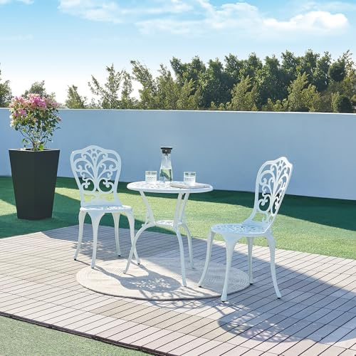 casa.pro Set Bistrot da Giardino Tavolo con Piano Rotondo e 2 Sedie con Schienale in Alluminio Pressofuso con Motivo Floreale per Terrazzo Balcone Caffetteria - Bianco