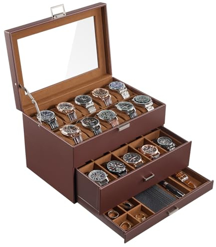 ProCase Organizadora para Relojes para Hombre, 20 Ranuras Caja Organizadora de Joyería de 3 Capas con Cajón Estuche de Almacenaje con Tapa de Cristal Vitrina Expositor -Marrón