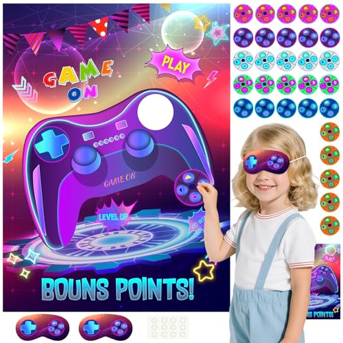 PLULON Pin The Button on the Video Game Party Game Kids Birthday Big Poster with Controller Button Stickers for Classroom Party Favors Decorations Boys Birthday Playing Party Supplies