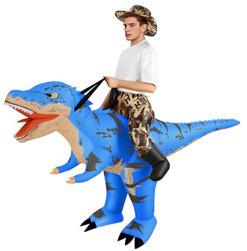 Alaoo Uppblåsbar kamouflagedinosauriedräkt, vuxen dinosauriedräkt (hatt ingår), uppblåsbar Raptor-dräkt, för halloweenfest, julfest, cosplay unisex, vuxen - blå
