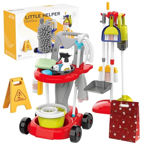 22 Pièces Aspirateur Enfant Fonctionnel,Chariot De Menage Enfant avec Balai, SerpillièRe Et Accessoires,Aspirateur Jouet Enfants pour Filles Et GarçOns De 3 à 6 Ans (Rouge)