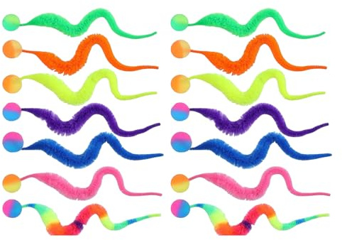 Vauki 14 piezas de juguete para gatos con pelota, pelotas para gatos, bolas hinchables, coloridas, juguetes de gusano difuso con colas hinchables para gatos, juguete para gatos, perfecto para gatos de