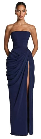 Oxxggkao Vestido de mujer con hombros descubiertos y abertura lateral, poliéster de alta elasticidad, vestido de cóctel sin tirantes, vestido de dama de honor con volantes