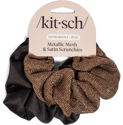 Kitsch Metallic Mesh & Satin Scrunchies For Women - Bronze & Black, 2pcs | Recycled Fabric Hair Ties for Secure Hold, Comfortable Wear – Softer Than Silk Scrunchies For All Hair Types