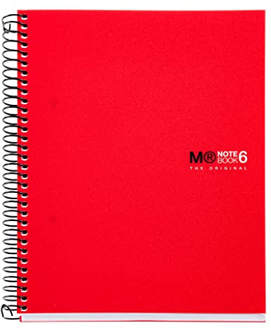 Miquelrius - Mikroperforerad spiralanteckningsbok, ogenomskinligt polypropenomslag, A5-storlek 148 x 210 mm, 2 hål, 150 ark på 70 g/m² och 6 färgränder, 5 mm rutnät, Röd