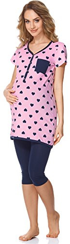 Bellivalini Pigiama Premaman con Funzione Allattamento BLV50-126 (Rosa Cuori/Navy Blu, XL)