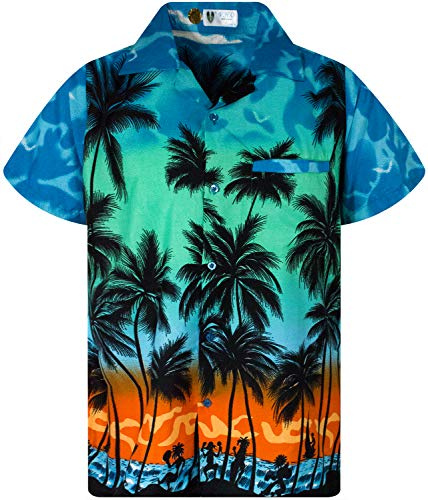 V.H.O. Funky Hawaii-skjorta för män, kortärmad med frontficka och Hawaii-tryck: strand, palmer och olika färger, Beach eklebord turkos, XL
