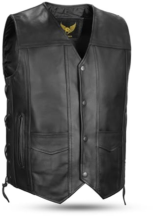 Leatherick Chaleco de cuero auténtico de piel de vacuno de grano superior para hombre Chaleco clásico negro con cordones laterales y bolsillos de transporte ocultos - Negro - 5XL