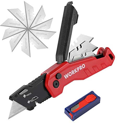 WORKPRO Coltello Taglierino, con 13 Lame di Ricmabio, Taglierino Rosso, Lame a Cambio Rapido, Adatto per Tagliare Carta, Cartone, Plastica