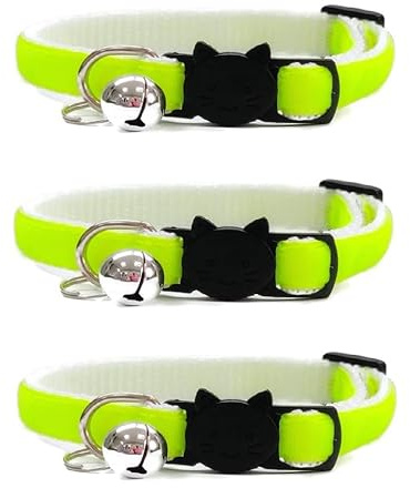Velvet Cat Collars with Bell. Safe Breakaway Quick Release Buckle. Available in Cat & Kitten Size (Pack of 3) (Kitten Collar (15cm - 23cm), Neon Green Velvet (Pack of 3))