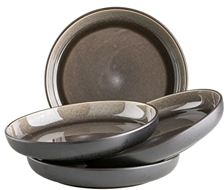 MÄSER Serie Niara, Modernes Suppenteller Set für 4 Personen in aufregendem Vintage Look, große tiefe Teller für Pasta und Suppen aus Keramik, Steinzeug, Grau/Schwarz