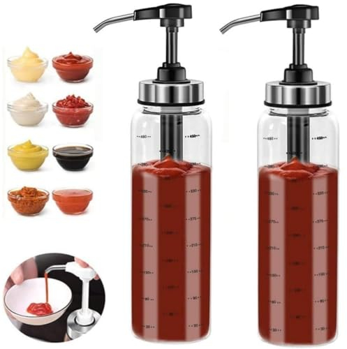 ZNZNANG Soßenpumpenspender, Glas, 480 ml, kein Tropfen, lebensmittelechte Pumpen für Honig, Sirup, Öl, Gewürze, Salatdressings und mehr, 2 Stück
