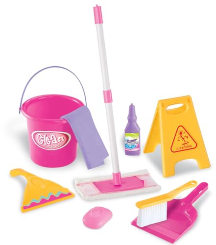 BAKAJI Set Pulizia per Bambini 9 Pezzi, Giochi di Finzione, Giocattoli Pulizie con Mop Mocio, Secchio, Panno Microfibra, Spazzola Lava Vetri, Detergente, Saponetta, Paletta, Scopa e Segnale Pericolo