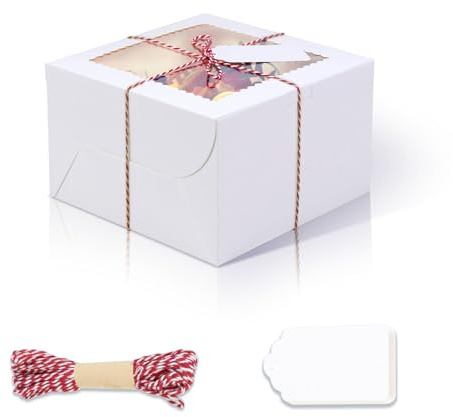 DOYIDE 20Pcs 8 Inch Cake Boxes with Window, 8x8x5 Inches White Bakery Boxes, Cake Carrier Container for Pastries, Pie, Cookies, Chocolates, Cupcakes, Birthday Party, Wedding