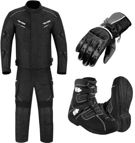 Motorcycle Protected 2 Piece Suit For Men, Bike Jacket WaterProof Fabric CE Armour Protected Trouser, Gloves With Long Leather Boots, Motorcycle Accessories CE-Approved (Black, XS)