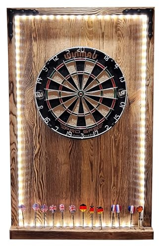 WEECO Komplett dartspelsset – darttavla, 12 dartpilar och ett väggskydd i trä med integrerad LED-belysning styrs av fjärrkontroll och drivs via en nätkontakt. Flam