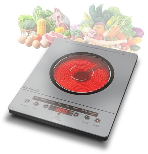 Karienvir Plaque Vitrocéramique 1 Feu Portable Couleur argent, Plaque Electrique Camping, Plaque de Cuisson Electrique 1 Feu with Prise VDE, Sécurité Enfant, Indicateur de Chaleur Résiduelle